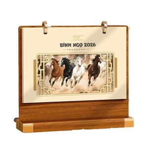 Lịch để bàn gỗ cao cấp Bính Ngọ 2026 – Mã đáo thành công